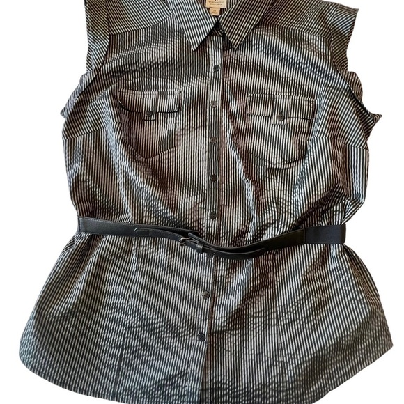 Worthington Sleeveless Belted Top Belted. Black White Striped size:1X Stretch - Picture 4 of 11